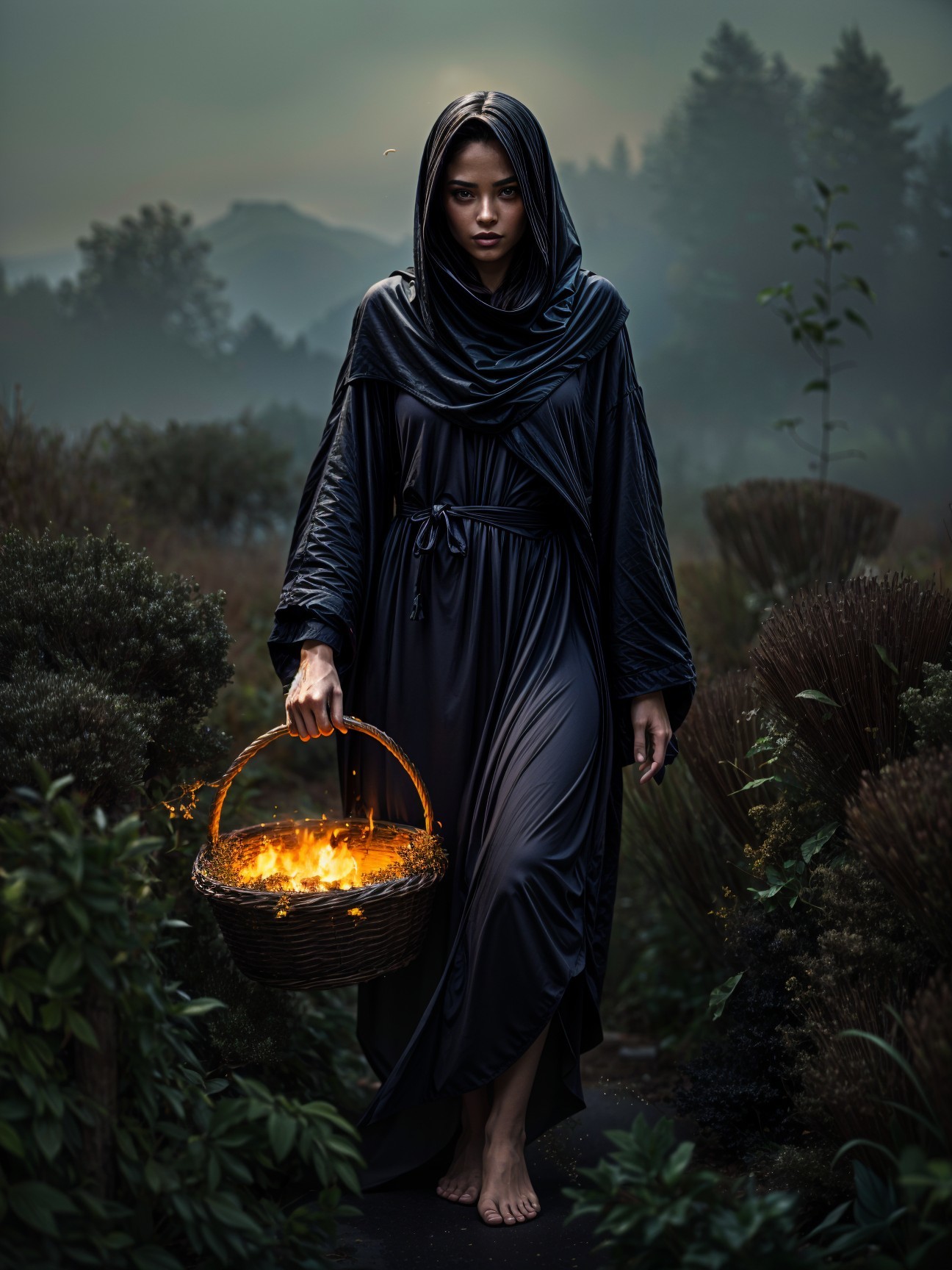 Mysterious Figure in Dark Robe in Misty Landscape