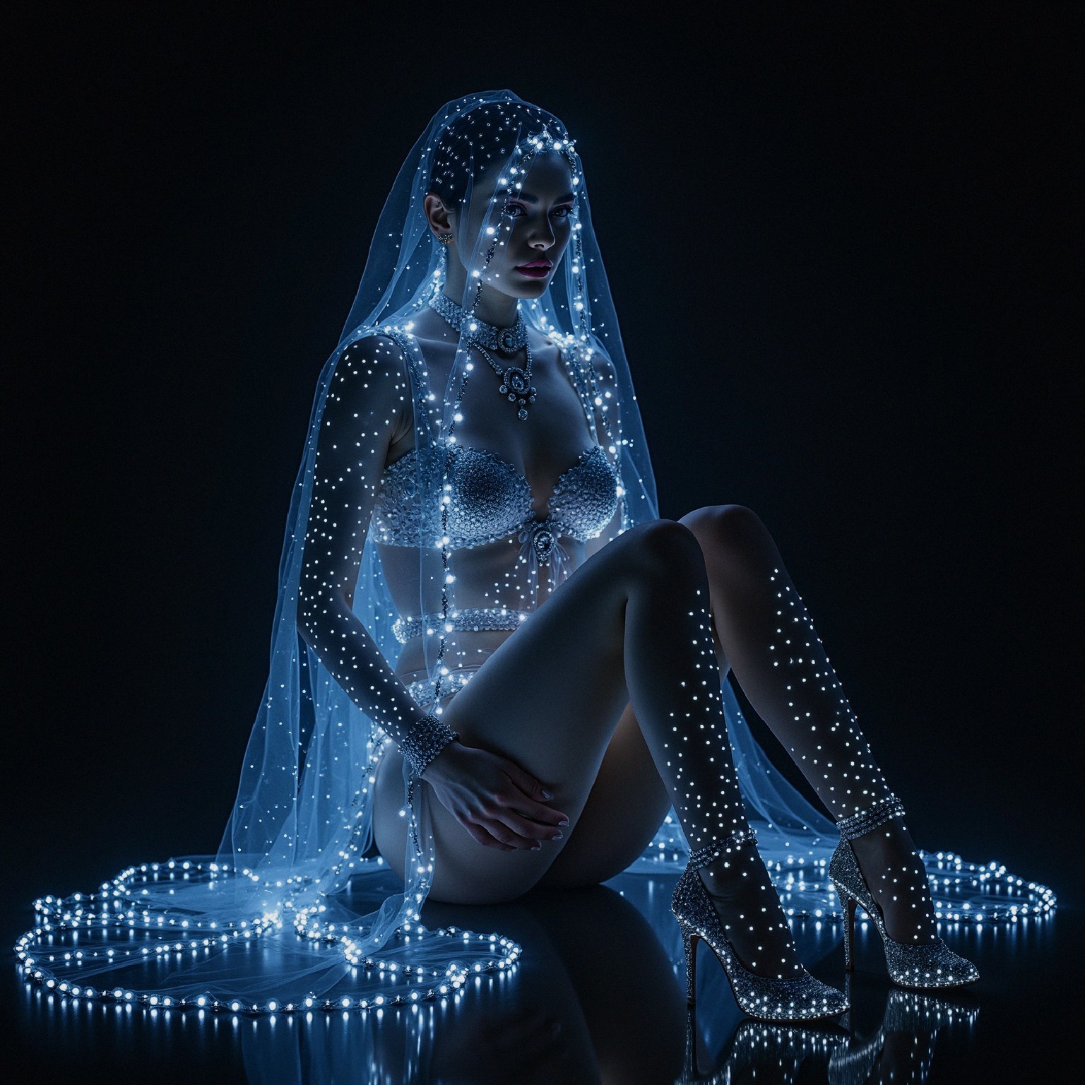 Model in Dark Setting with Glowing Light Strands