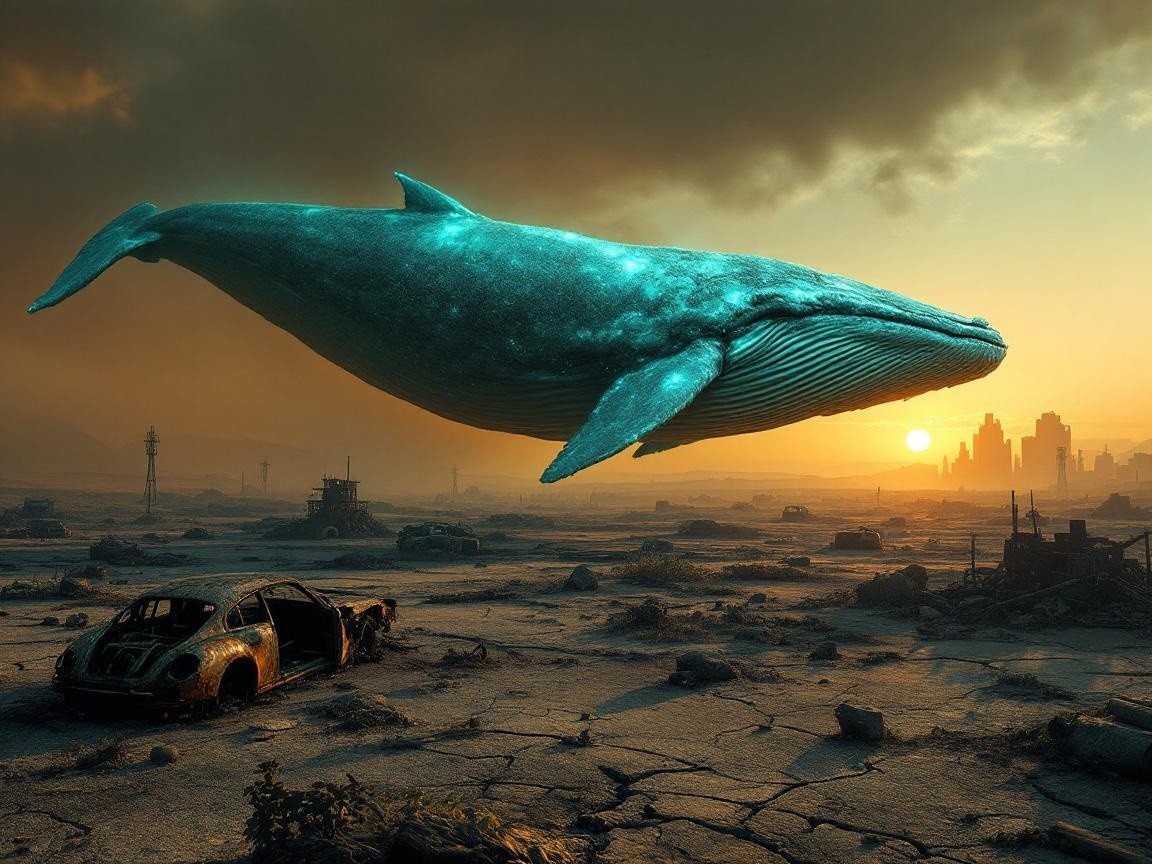 Ethereal Blue Whale Over Post-Apocalyptic Landscape