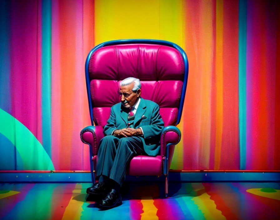 Elderly man in suit sitting on vibrant red chair against colorful background