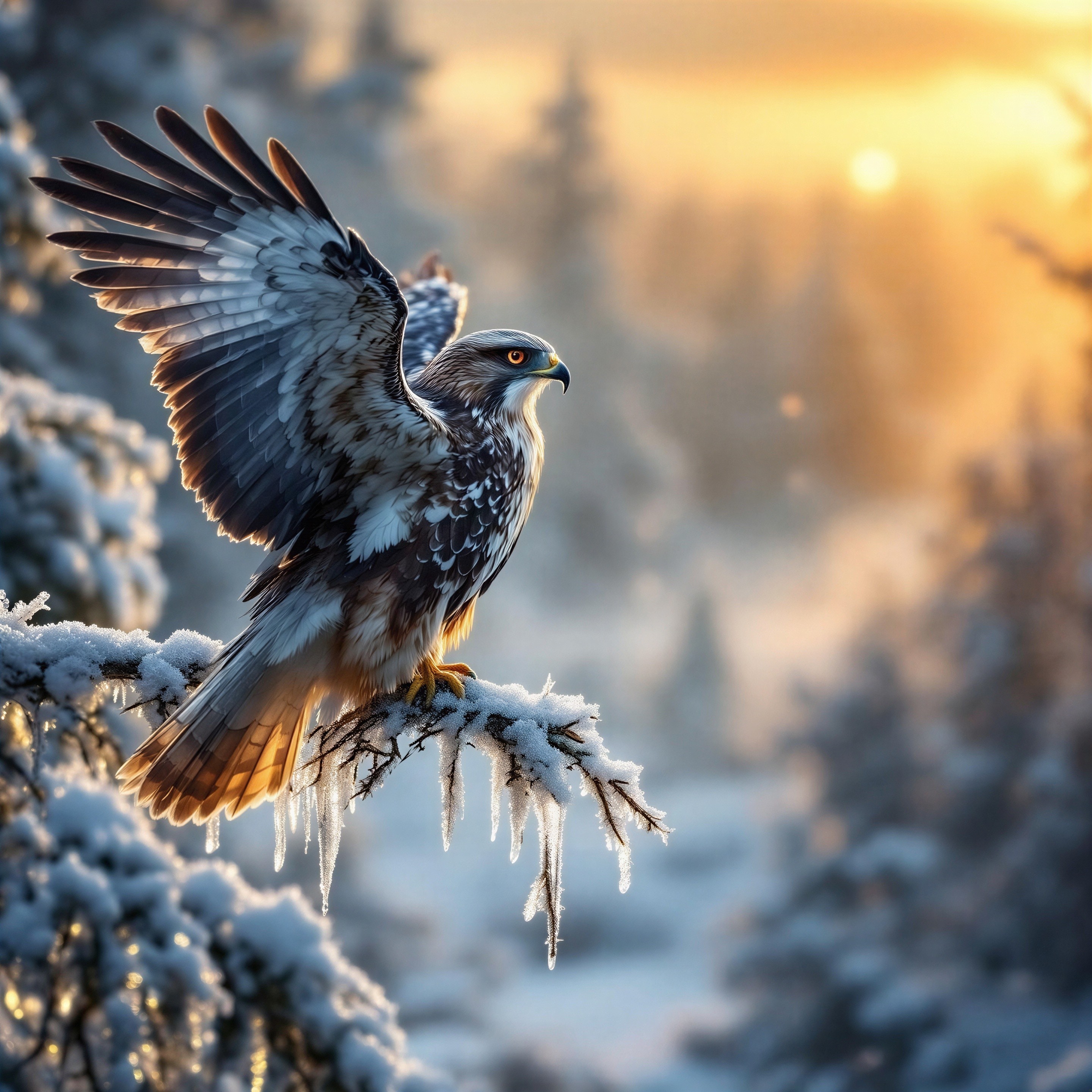 Hawk on Snowy Branch in Winter Sunset Landscape