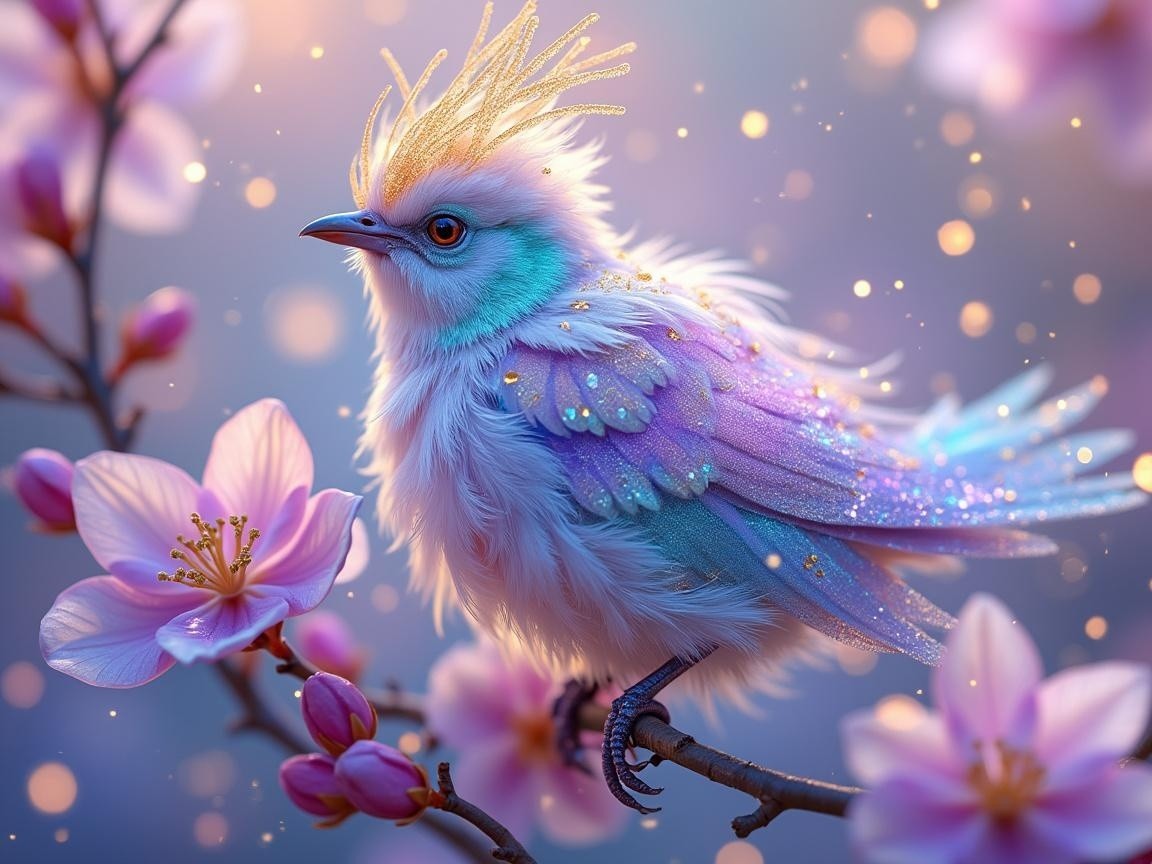 Whimsical Bird on Blooming Pink Flowers Branch