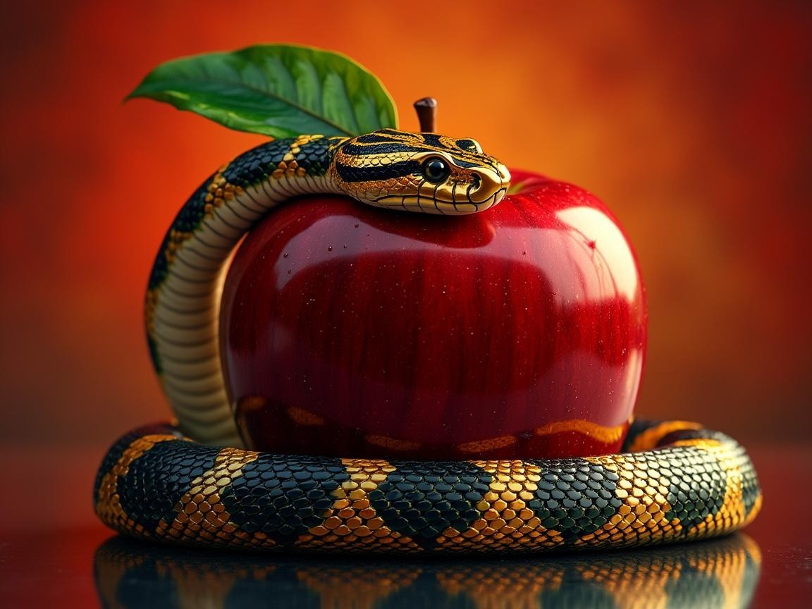 Vivid Snake Coiled Around a Shiny Red Apple