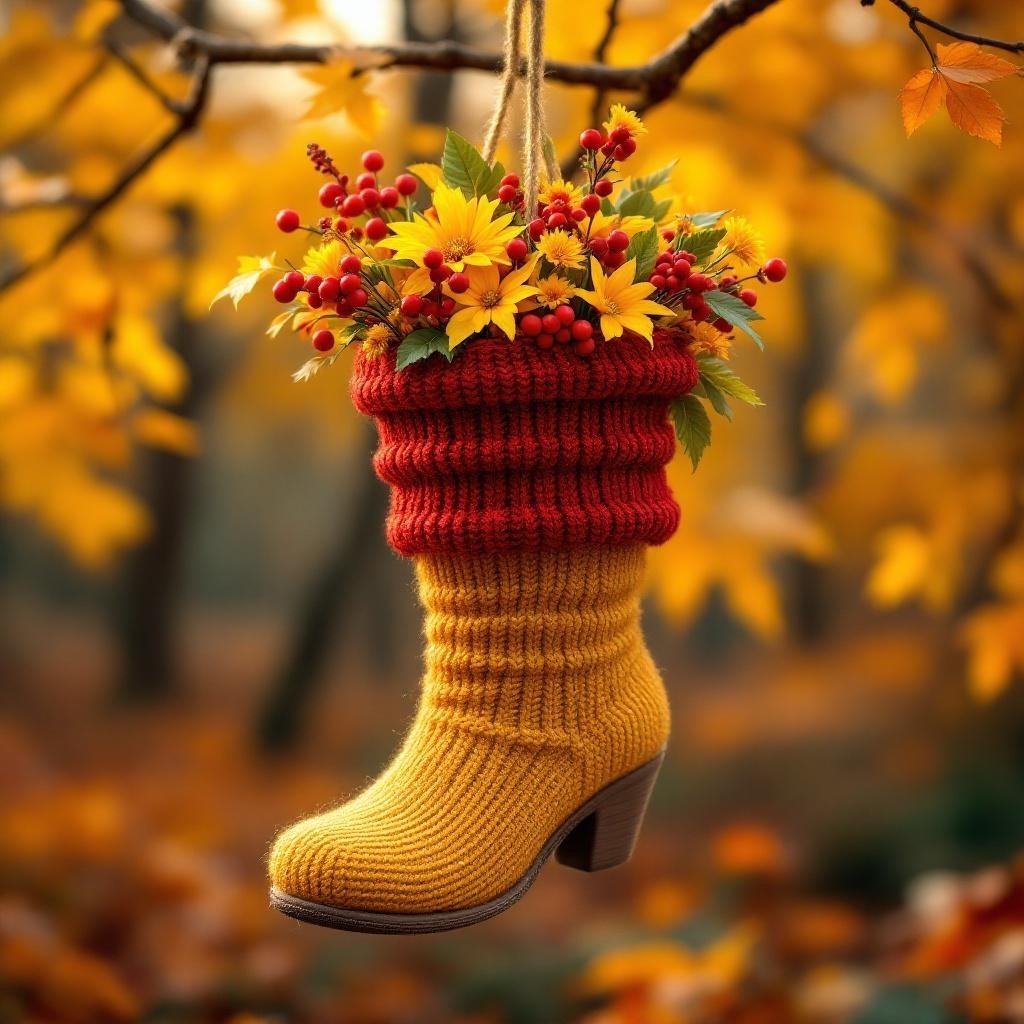 Whimsical Autumn Display with Knitted Yellow Boot