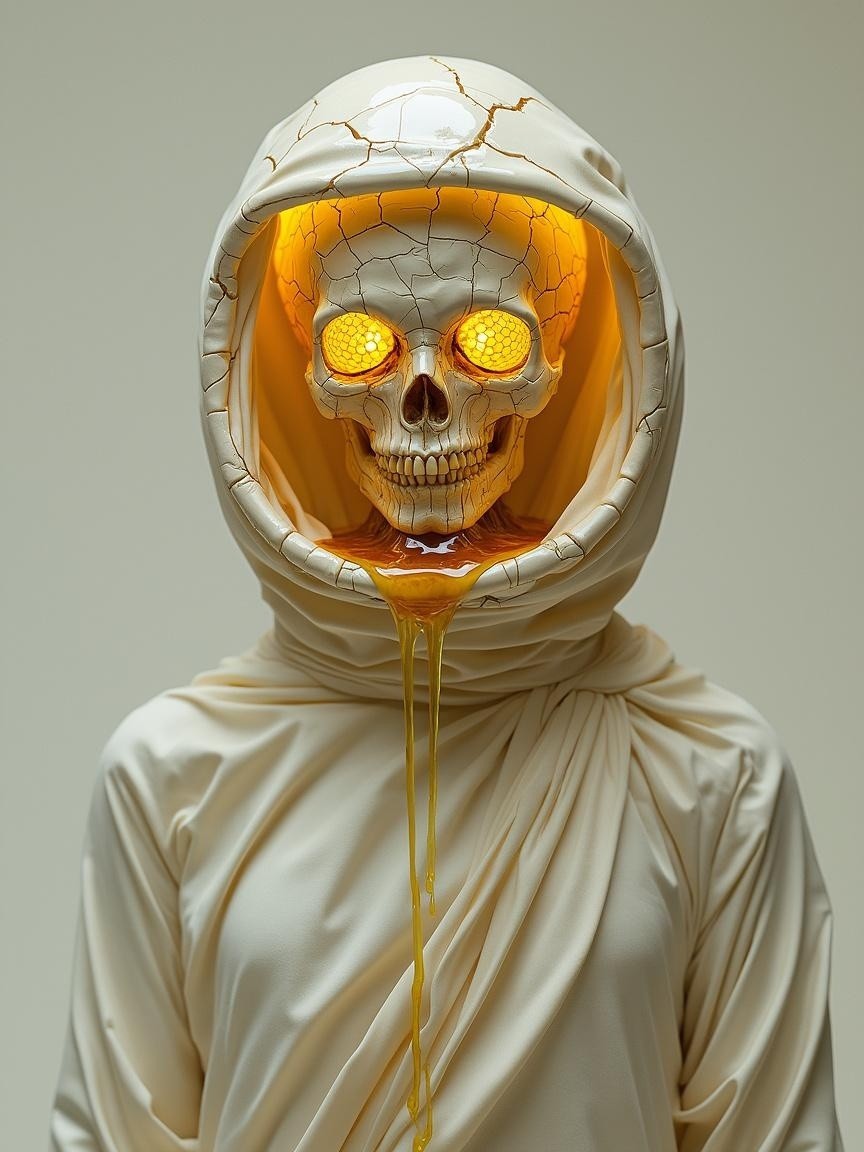 Cloaked Figure with Skull and Glowing Eyes in Cream Robe