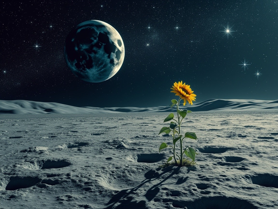 Sunflower on Moon Against Starry Sky and Planet