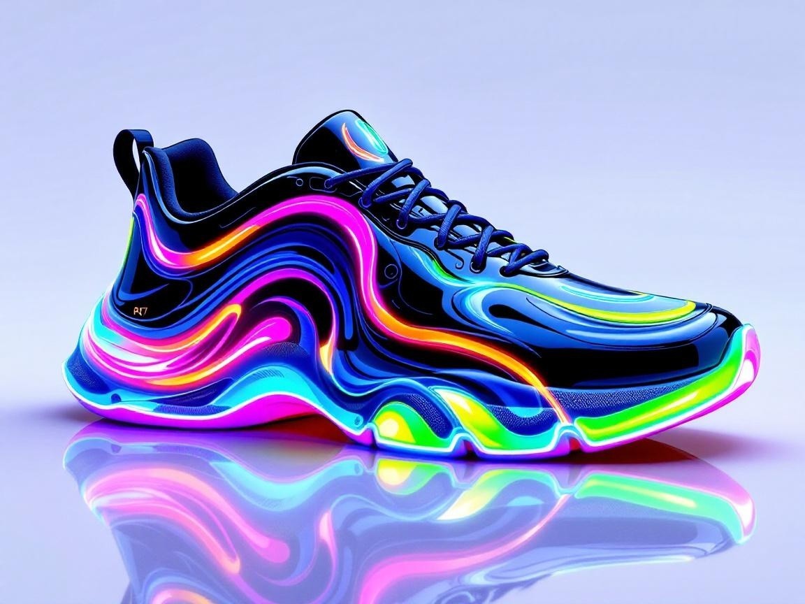 Futuristic sneaker with neon patterns and glossy finish