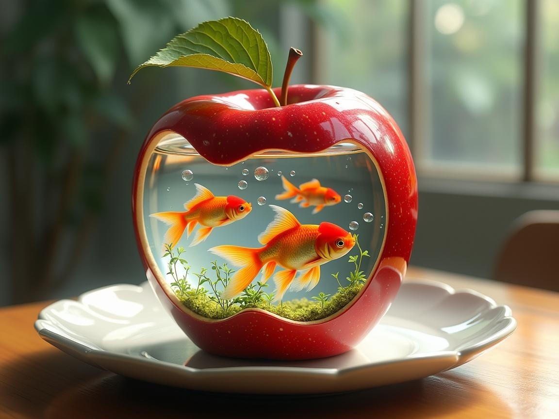 Red Apple Fish Tank with Goldfish and Aquatic Plants