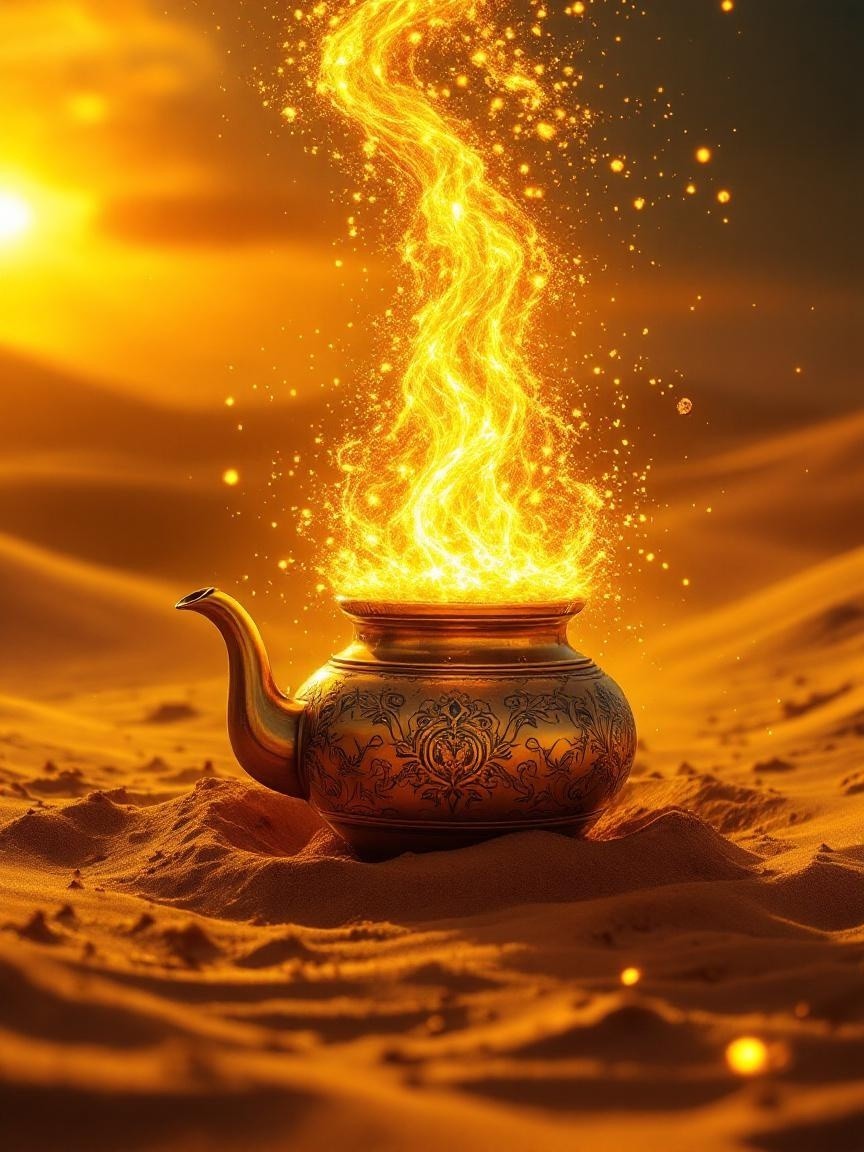 Brass Teapot on Golden Sands at Sunset with Smoke