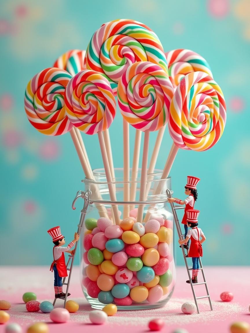 Colorful Candy Scene with Lollipops and Toy Figures