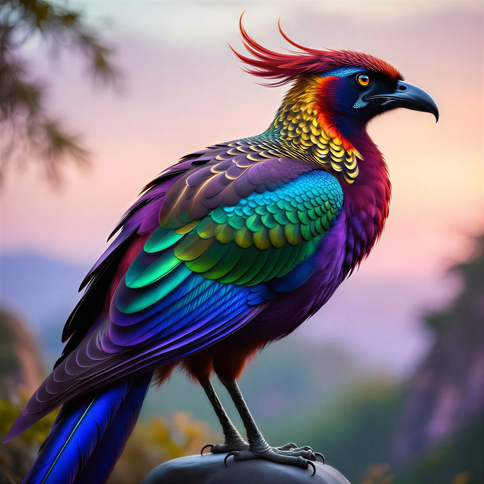 Vibrant Bird with Iridescent Feathers on Dark Rock