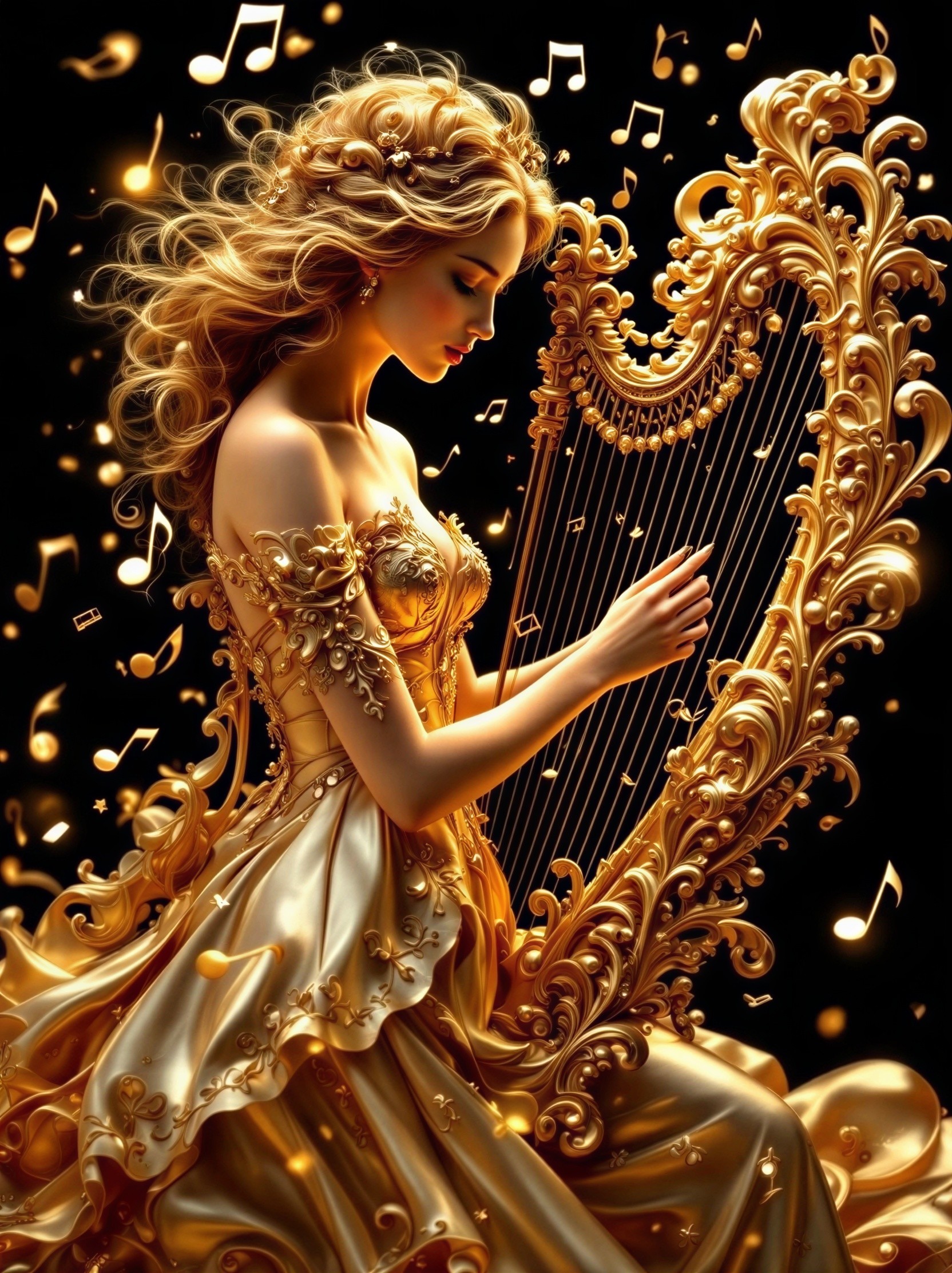 Graceful figure with golden hair playing ornate harp