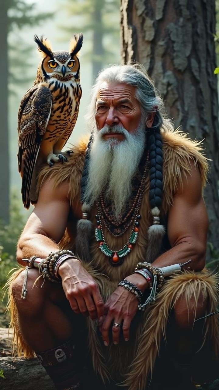 Elderly Man with Owl in Serene Forest Setting