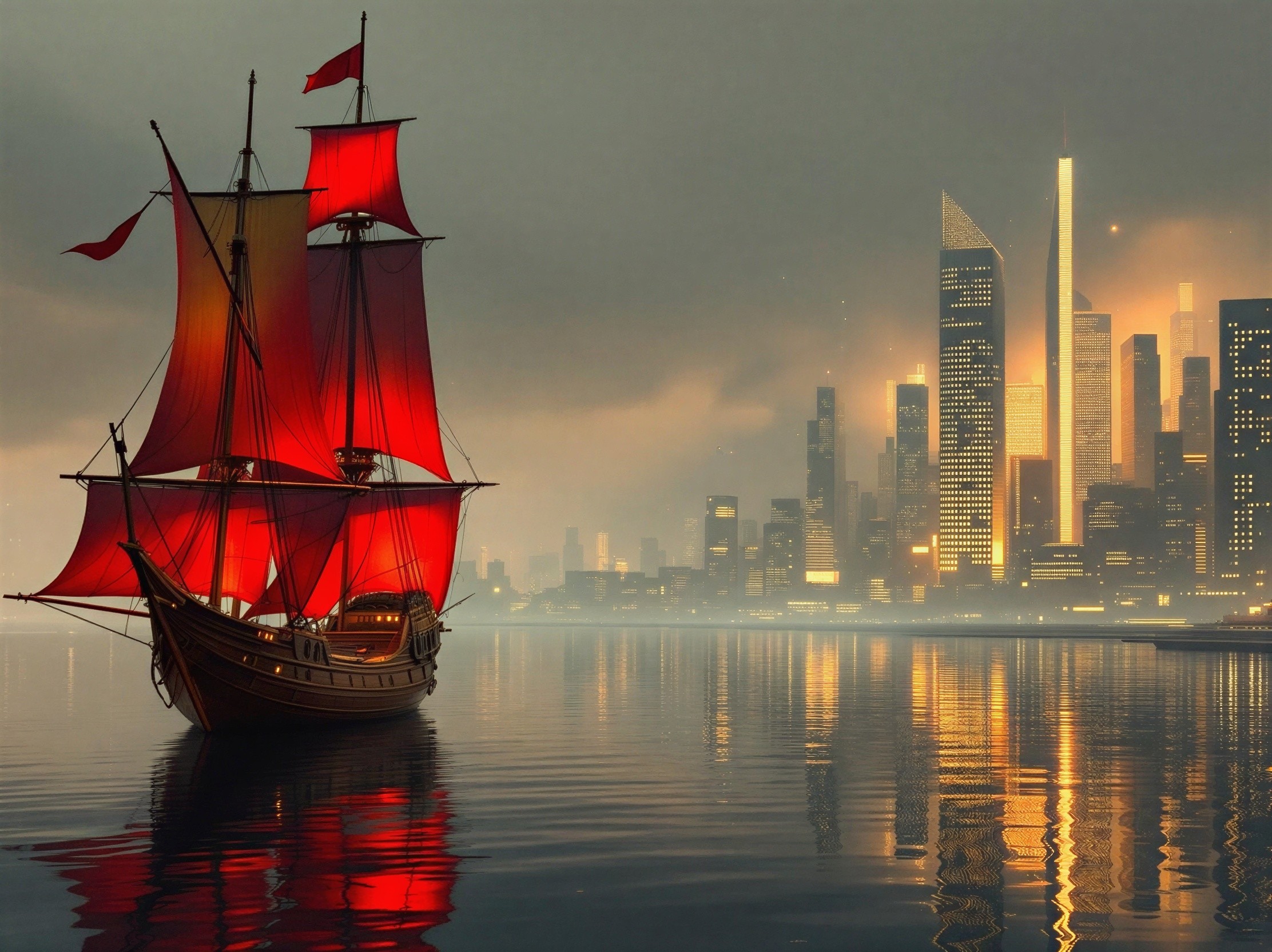 Traditional Sailing Ship with Red Sails and City Skyline