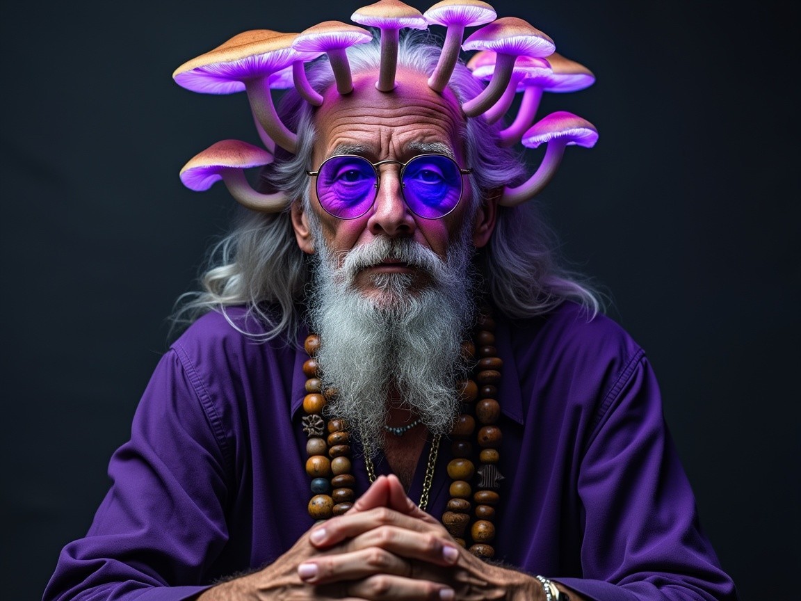 Elderly man with purple attire and surreal mushrooms