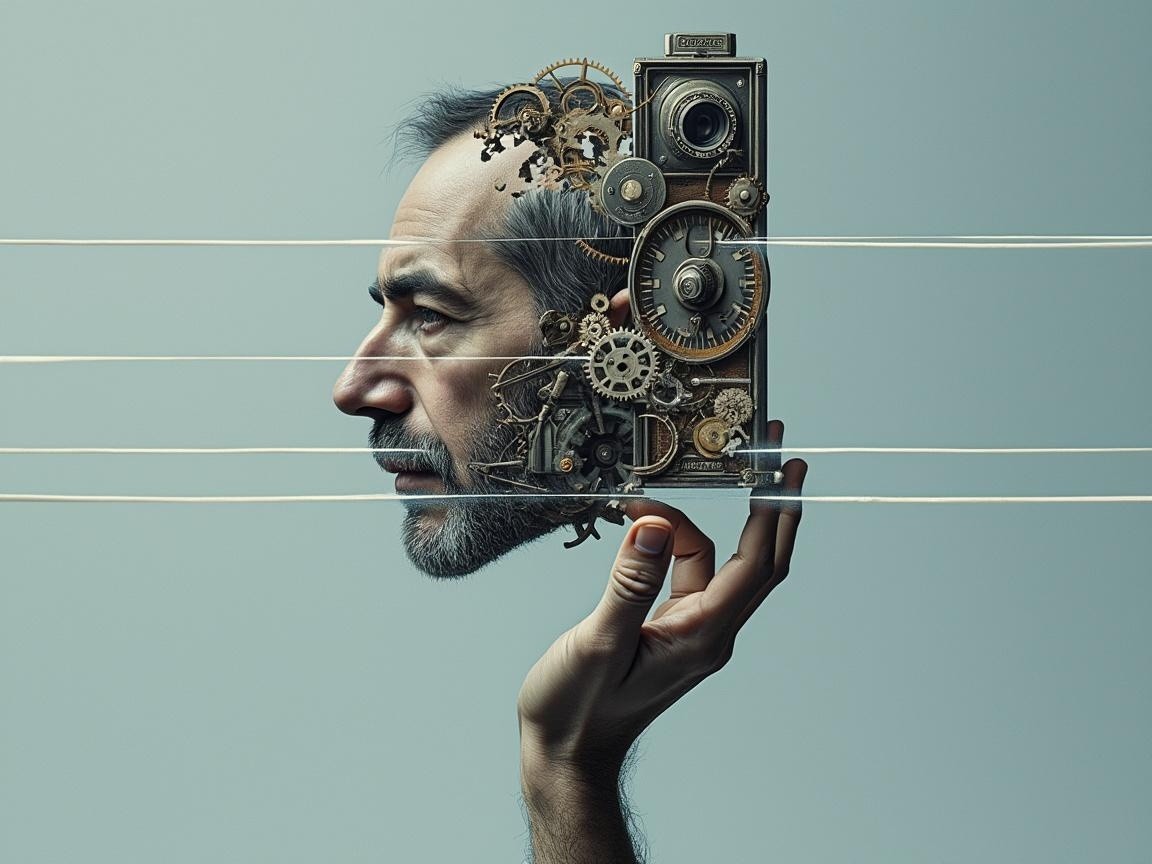 Surreal Portrait of a Man Blending with Mechanical Elements