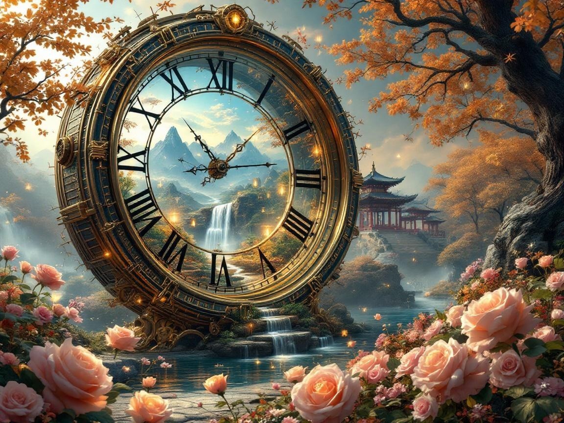 Golden Clock Surrounded by Serene Landscape and Roses