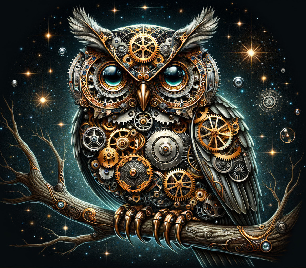 Steampunk Owl with Gears and Starry Background