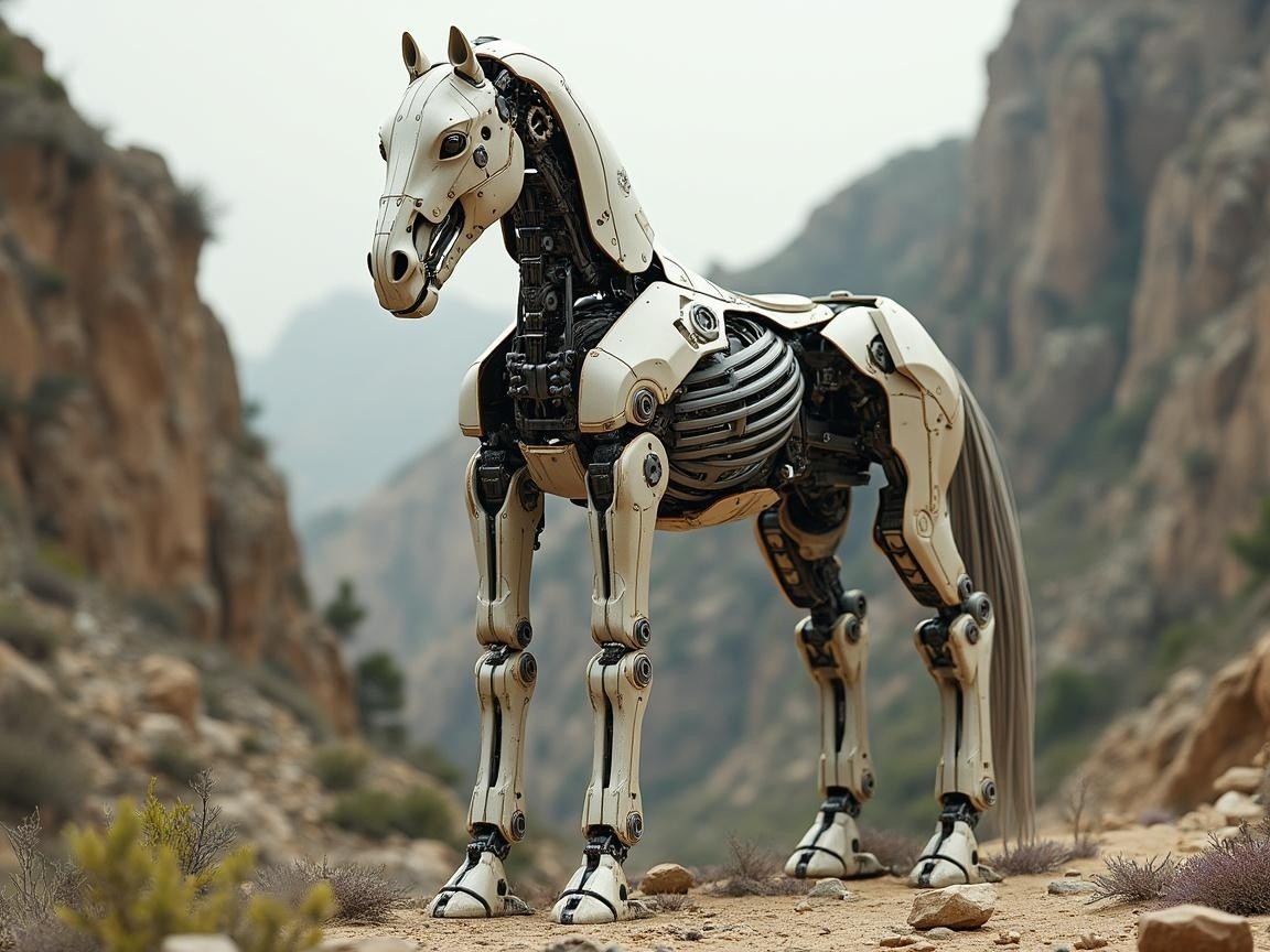 Futuristic Robotic Horse in Rugged Mountain Landscape