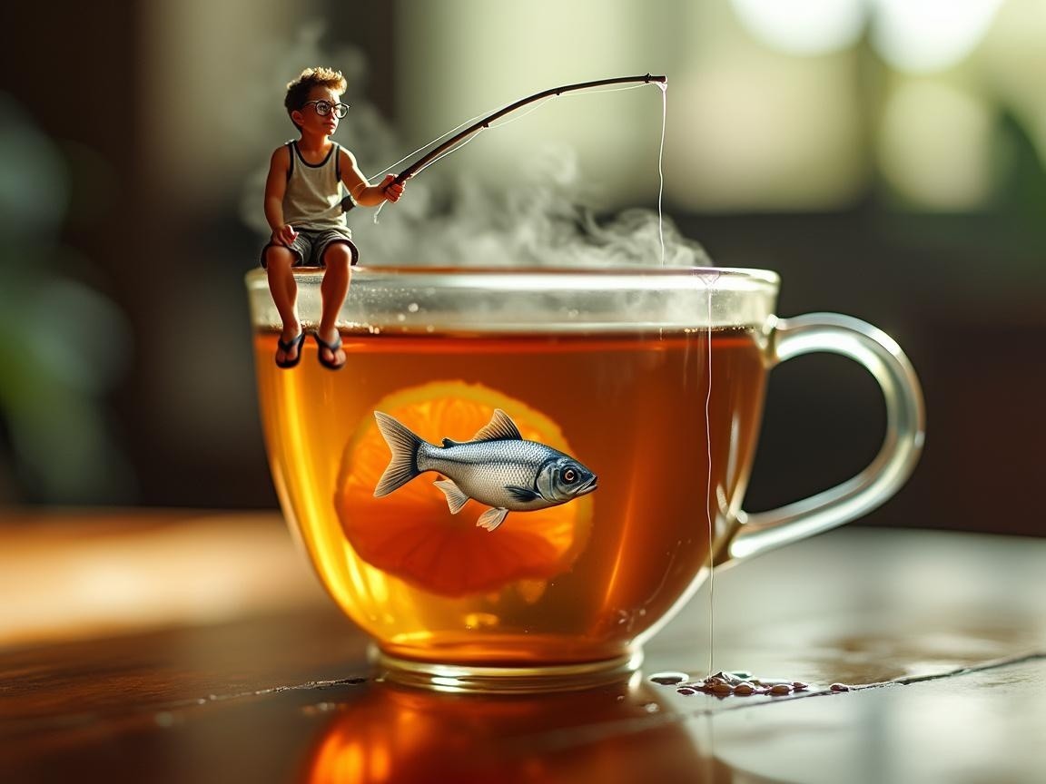 Miniature Boy Fishing in Cup of Amber Tea