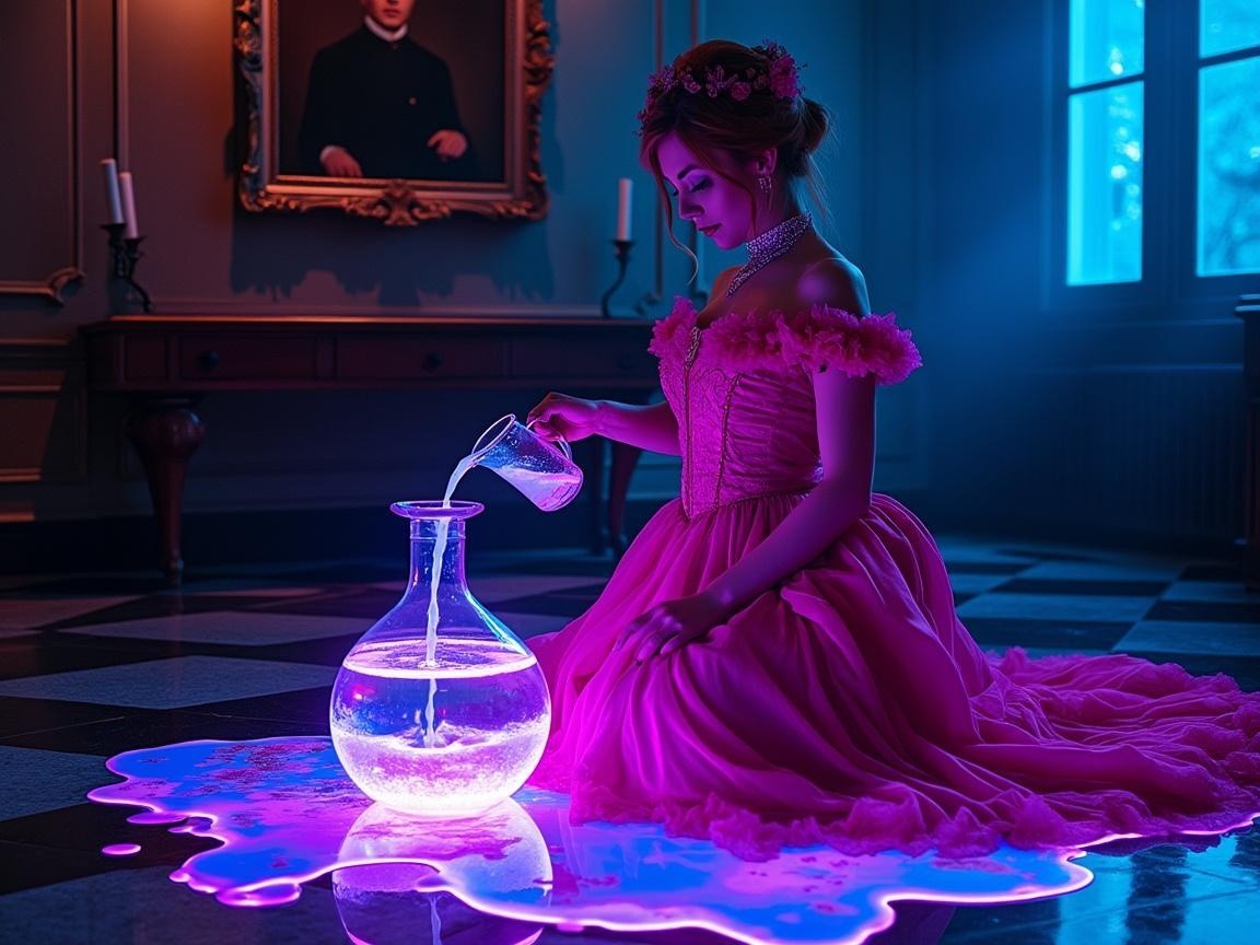 Elegant Room with Woman in Pink Gown Pouring Liquid