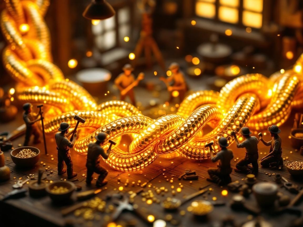 Miniature Workshop with Detailed Figurines and Golden Chain