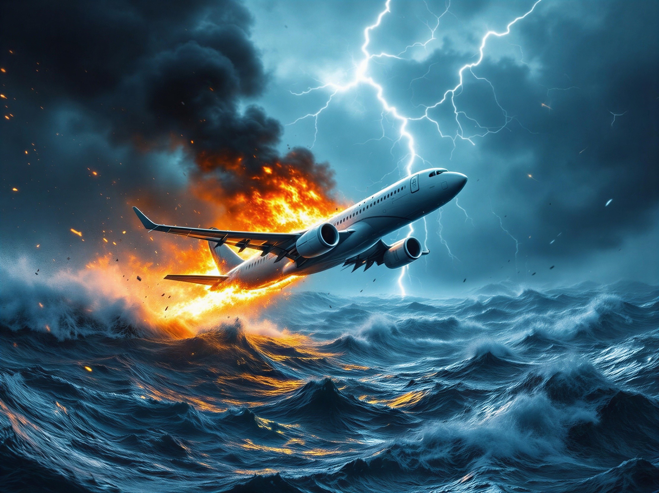 Dramatic Scene of Airplane in Distress Over Ocean