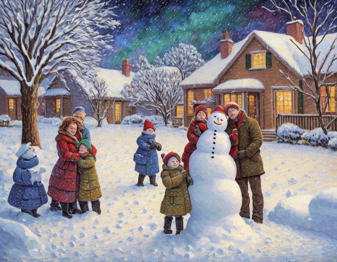 Group in Winter Clothes Building Snowman by Cozy House