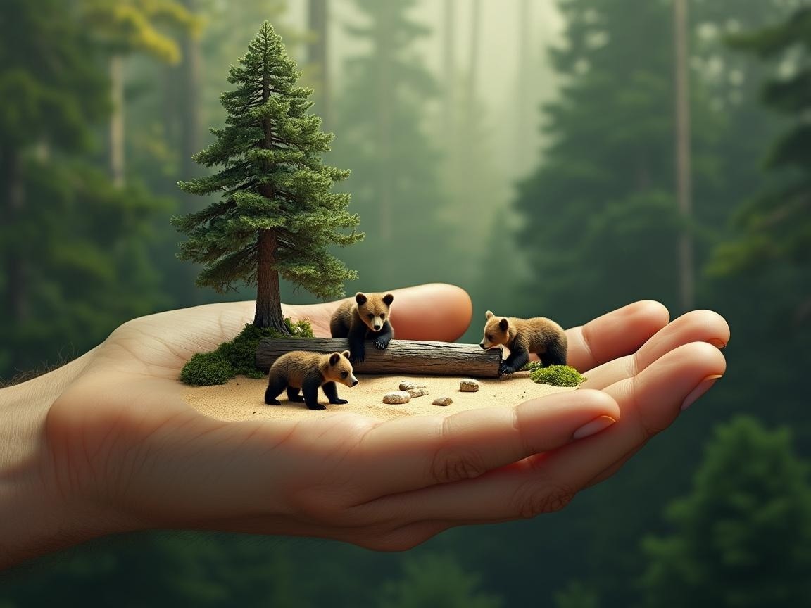 Miniature Forest Scene with Bear Cubs in Hand