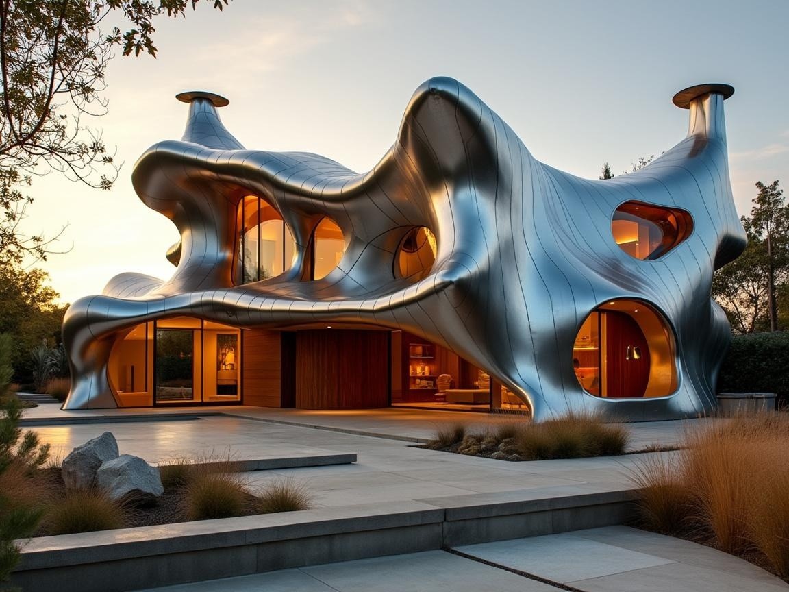Modern House with Sculptural Design and Metallic Exterior