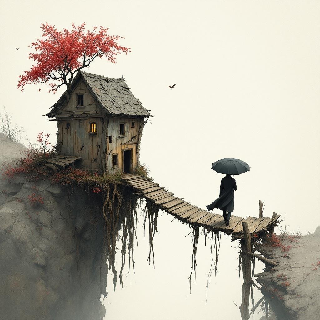 Whimsical House on a Cliff with Vibrant Tree and Birds