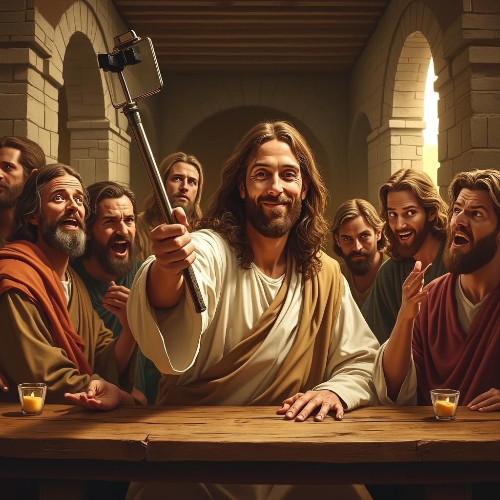 Playful Scene of a Modern Jesus and Disciples
