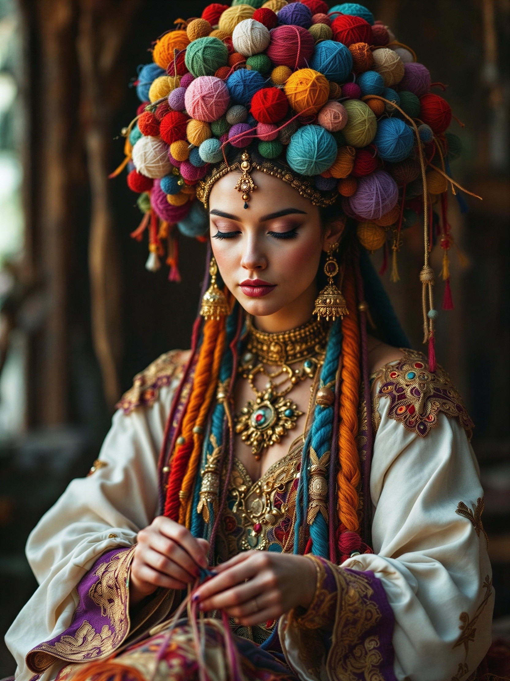 Vibrant Floral Headdress and Intricate Cultural Outfit