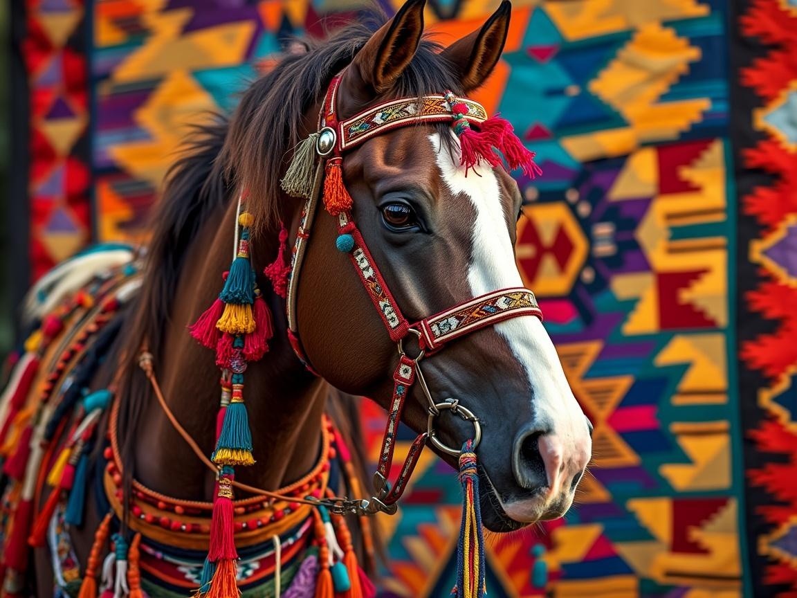 Adorned Horse with Vibrant Bridle and Textile Background