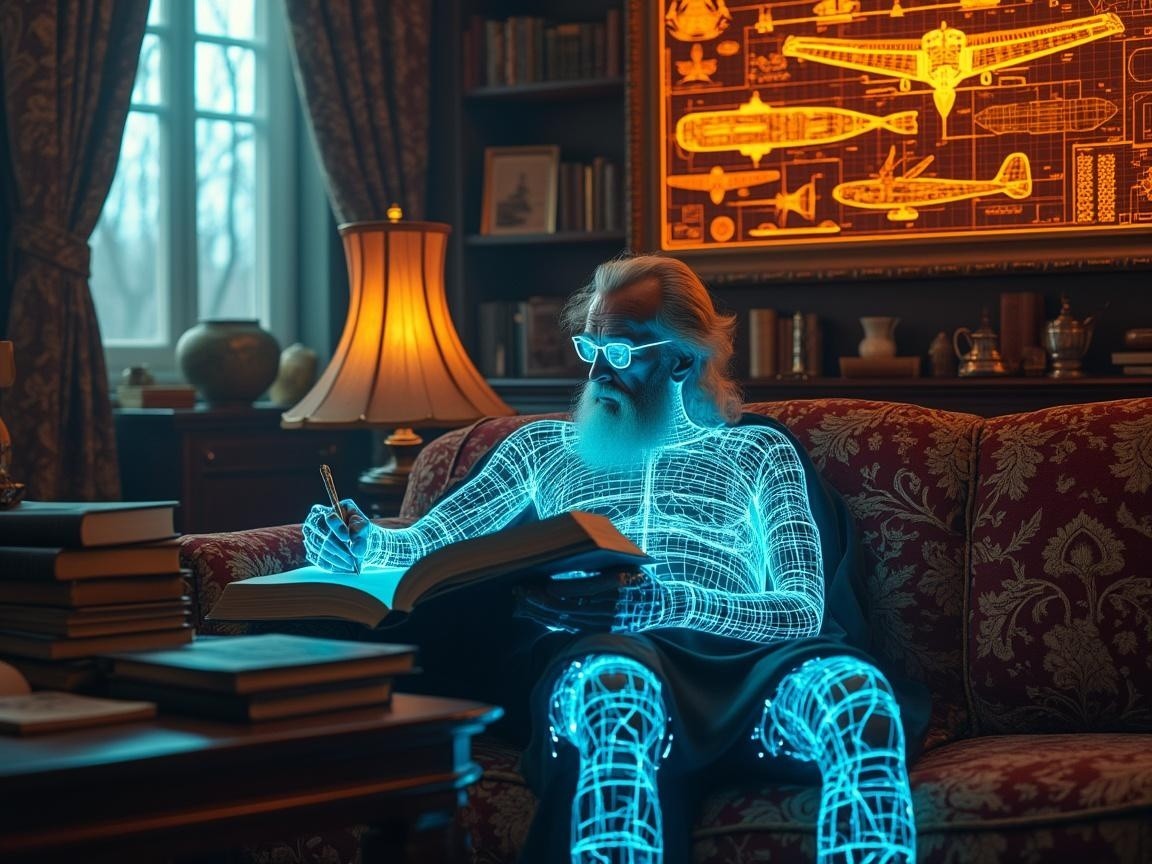Futuristic Figure Writing in Cozy Library Setting