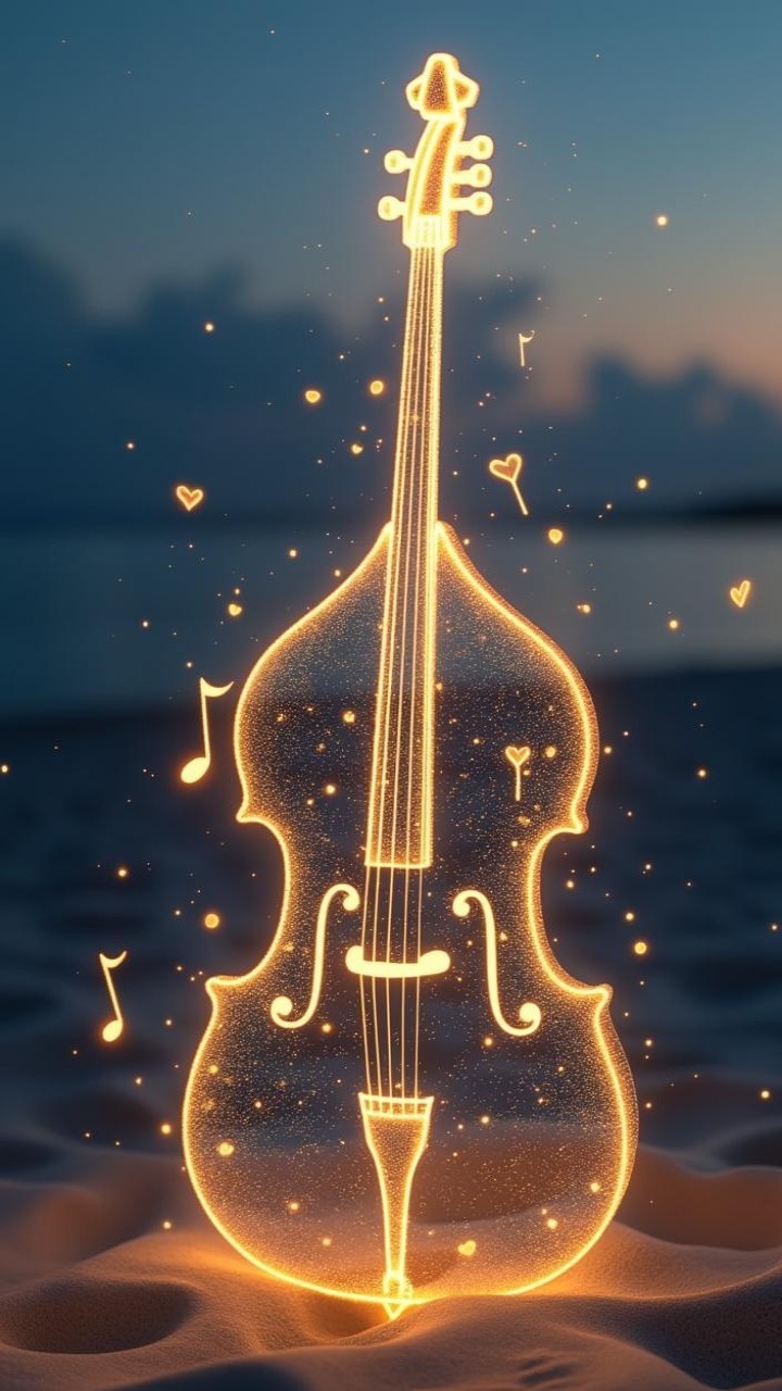 Glowing Violin on Sandy Beach at Dusk with Notes