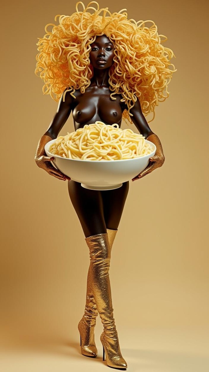 Whimsical Figure with Pasta on Gold Background