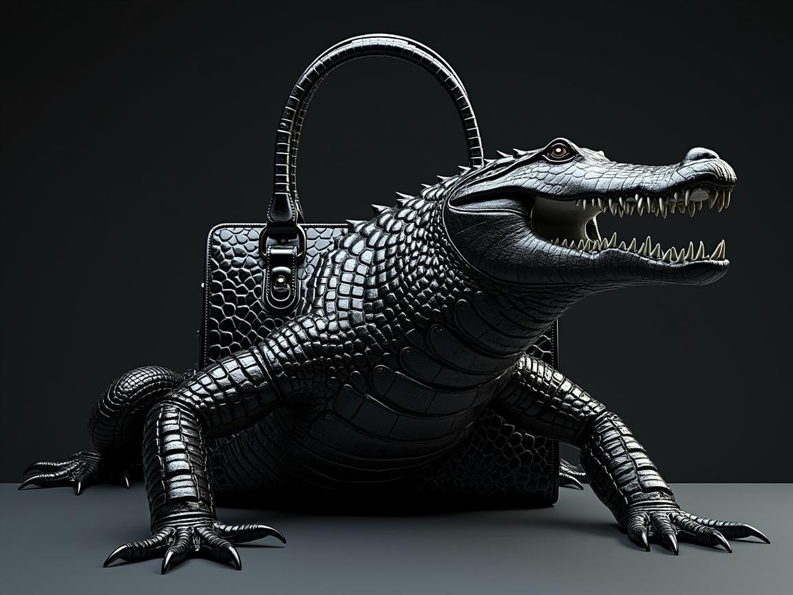 Black Crocodile-Style Handbag with Intricate Detailing