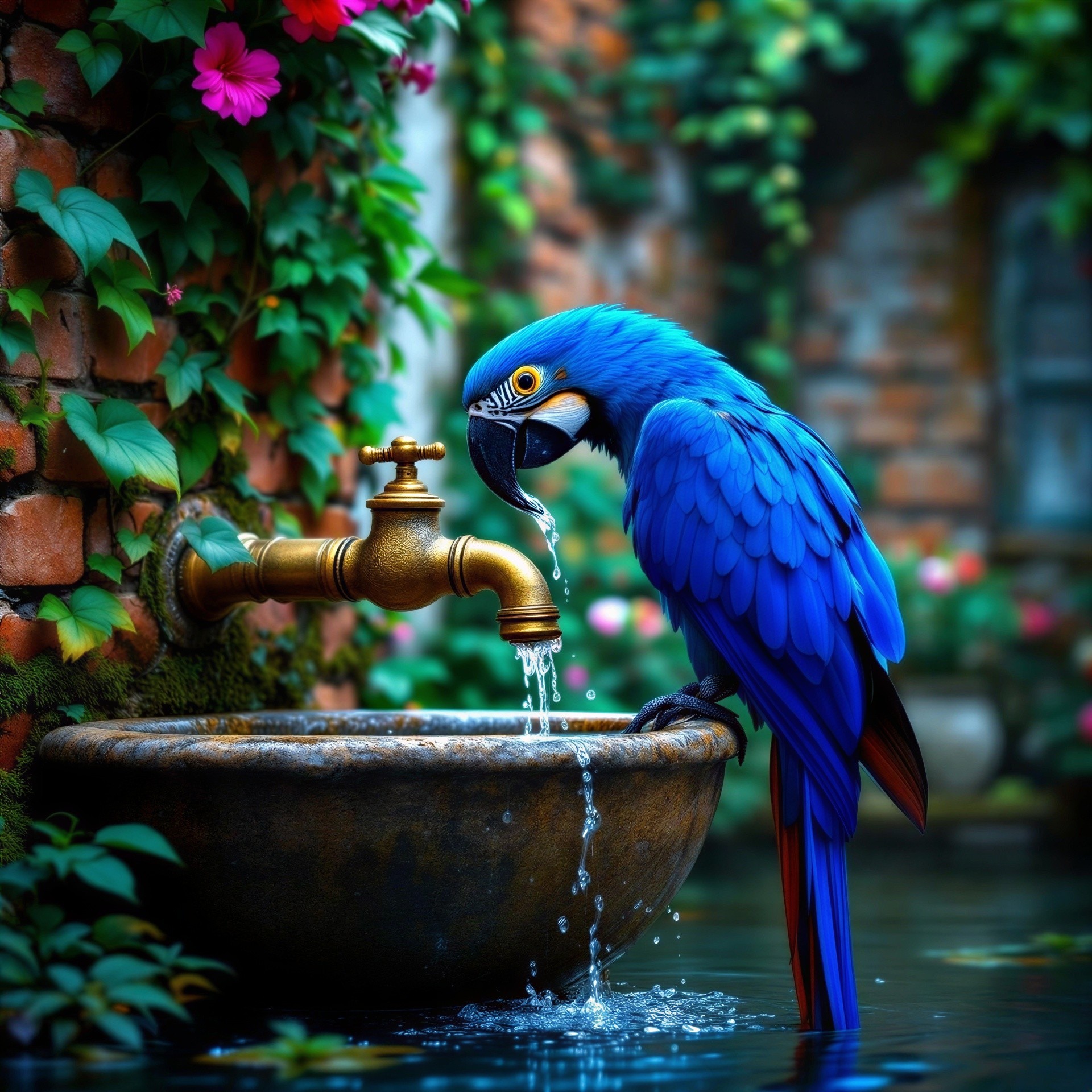 Blue Macaw by Water Fountain in Tropical Garden