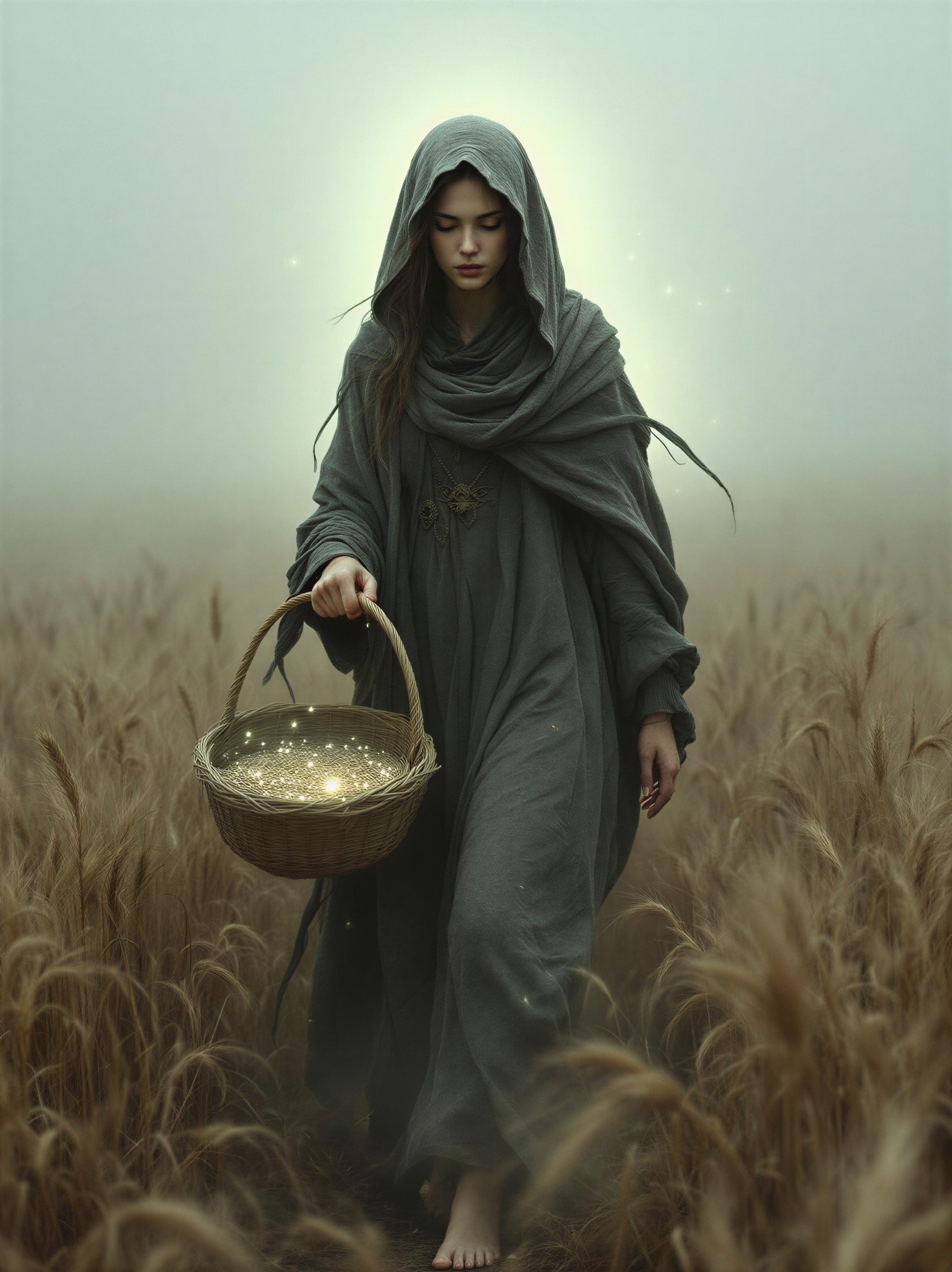 Mystical Figure in Gray Robe Walking Through Wheat Field