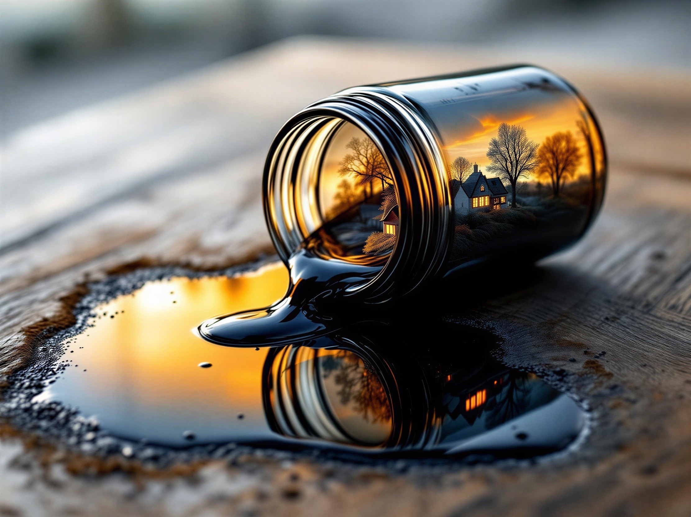 Glass Jar with Dark Substance and Cozy House Scene