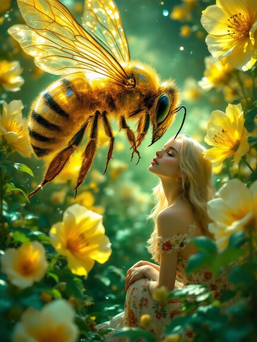 Serene Woman in Garden with Blooming Yellow Flowers