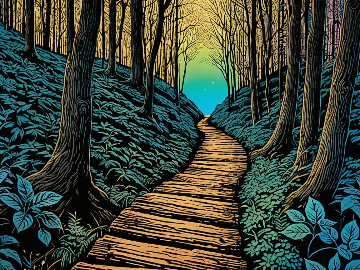 Serene Forest Path with Sunset Sky and Lush Greenery