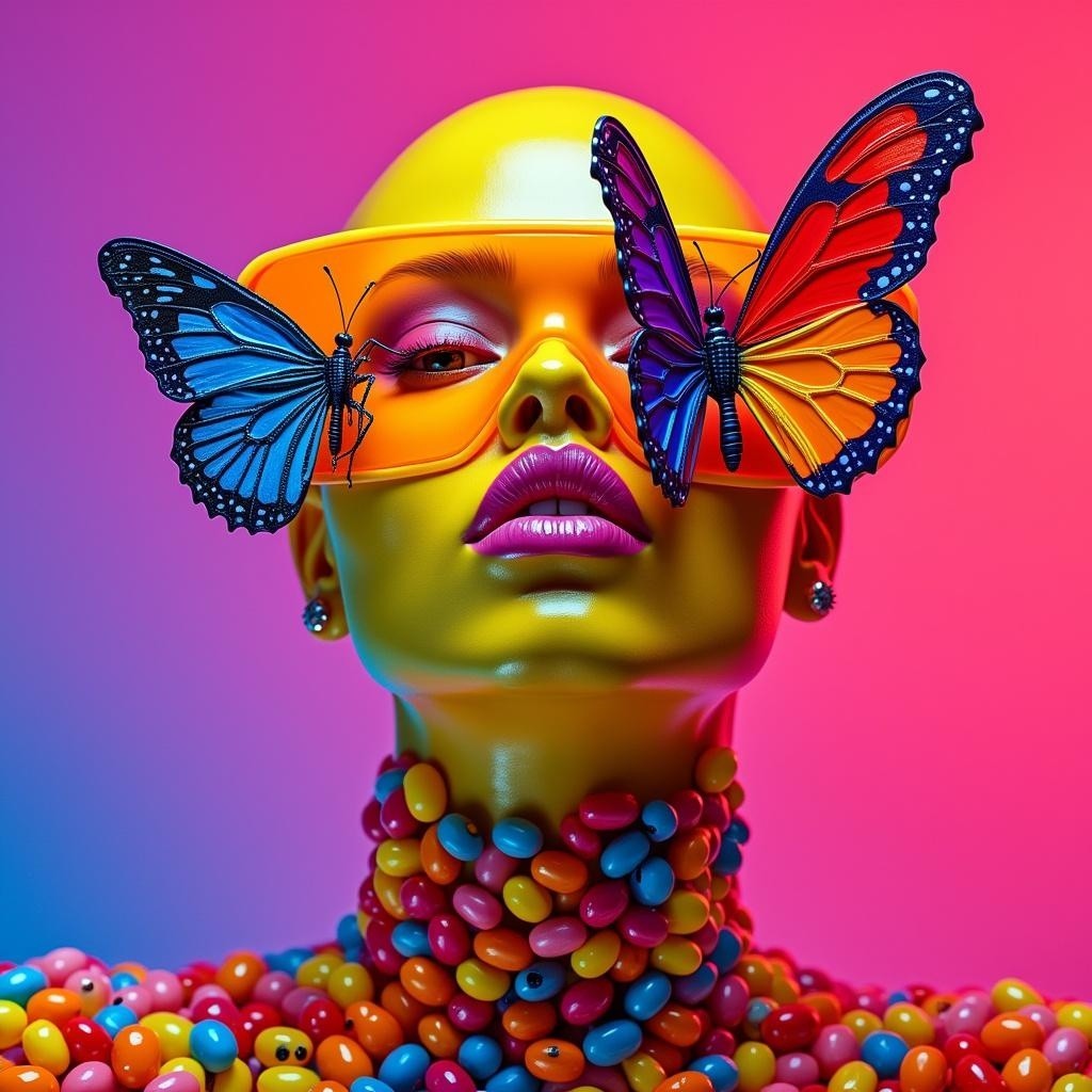 Bald Figure with Yellow Skin and Colorful Accessories