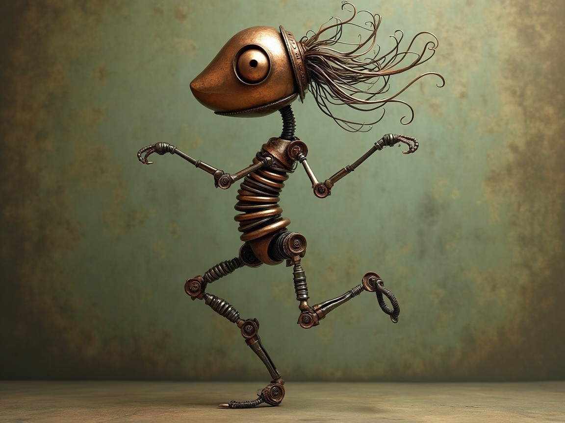 Whimsical Bronze Robot with Playful Expression and Springs