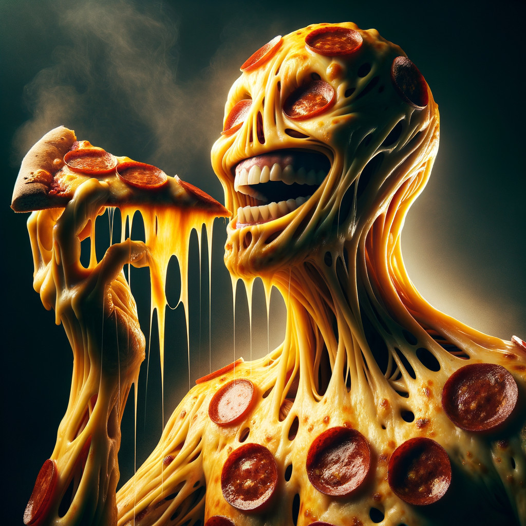 Whimsical Humanoid Figure Made of Cheese and Pepperoni