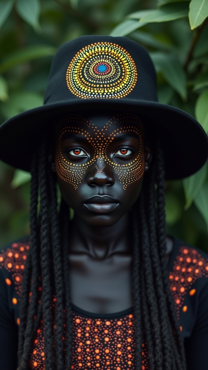 Portrait of a person with colorful face paint and hat