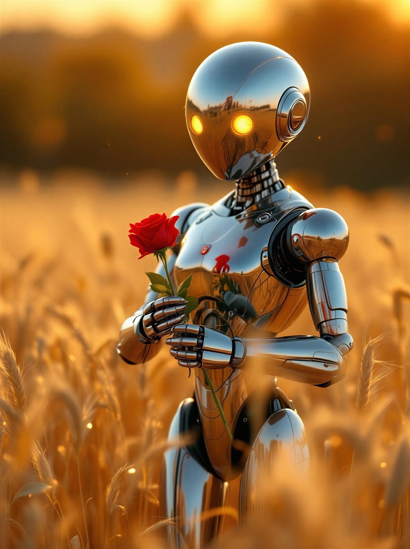 Futuristic Robot Holding a Red Rose in Golden Field