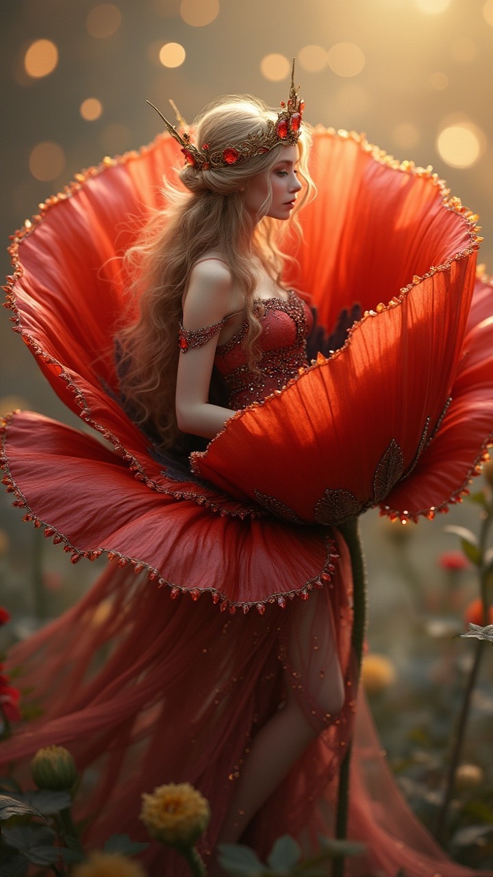 Ethereal Figure Emerging from a Red Poppy Bloom