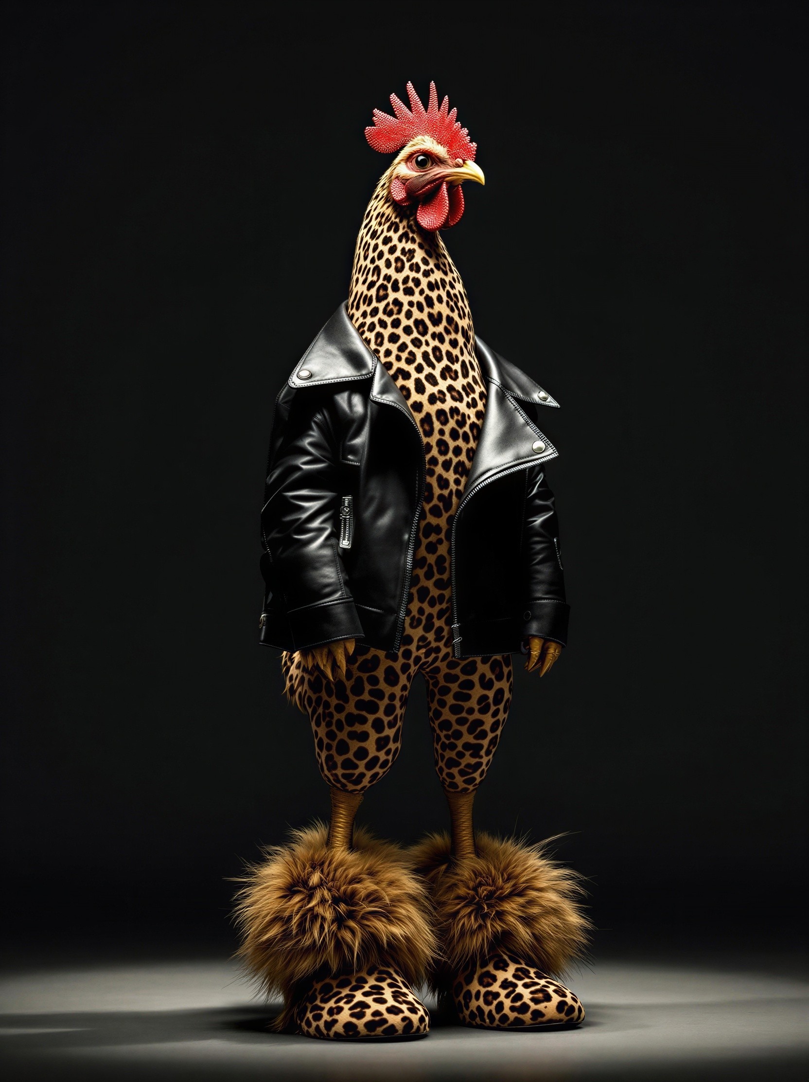 Whimsical Chicken in Leather Jacket and Leopard Print